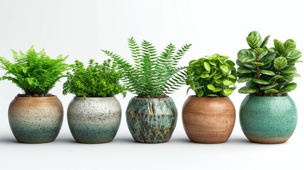 collection of beautiful plants in ceramic pots on a white background