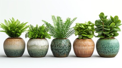 collection of beautiful plants in ceramic pots on a white background