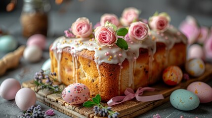 Obraz na płótnie Canvas A Bundt cake, topped with frosting and flowers, sits atop a weathered wooden board Surrounding the cake are scattered eggs and additional blooms
