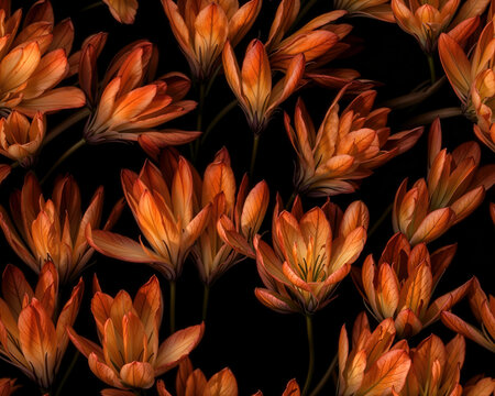 Seamless realistic colchicum flowers pattern, Spring wallpaper design. Generative ai