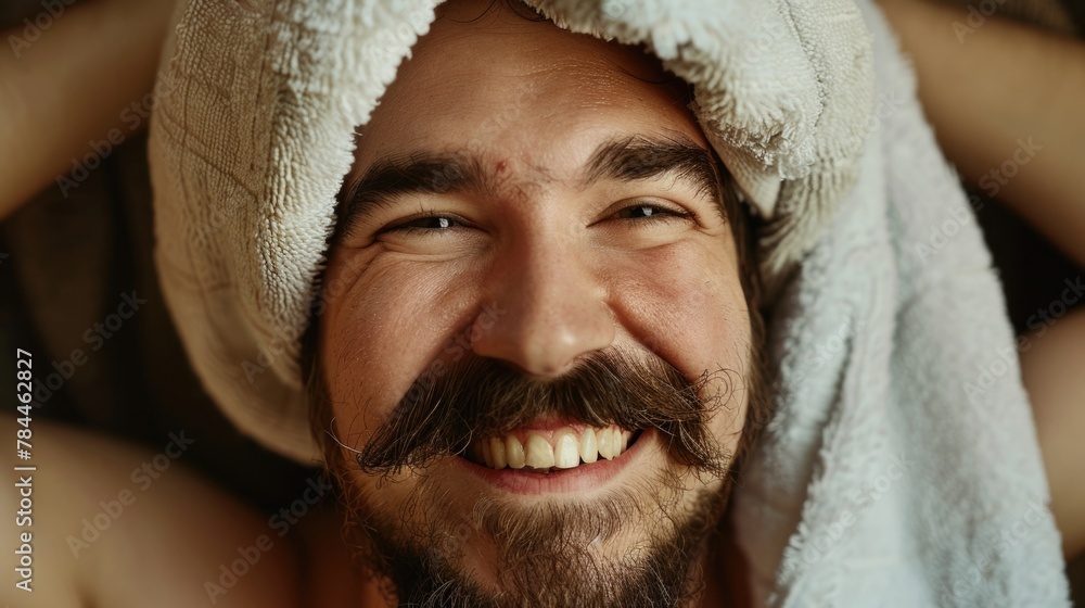 Poster a man with a towel wrapped around his head. perfect for spa or relaxation concepts