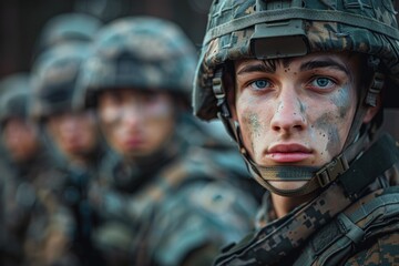 Fototapeta premium A close-up of a young soldier with striking blue eyes wearing camouflage and a helmet