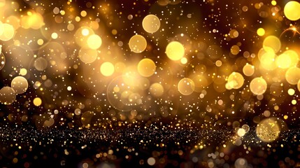Golden bokeh lights and glitter, festive sparkling background. Elegant abstract illumination, holiday or event backdrop. Dreamy atmosphere. AI