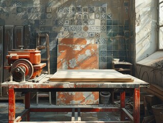 Rustic Tile Saw Station with Vibrant Colors and Patterns