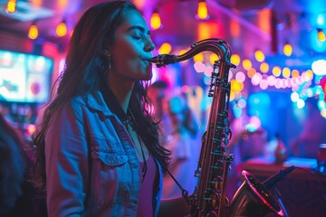 An energetic musician plays the saxophone in a music venue with colorful, dynamic lighting - obrazy, fototapety, plakaty