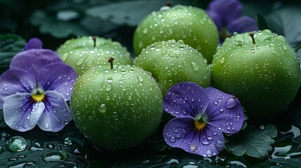   A collection of green apples arranged atop a verdant, leaf-covered ground dotted with water droplets