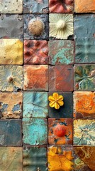Weathered Tile Mosaic with Vibrant Patterns and Textural Surfaces