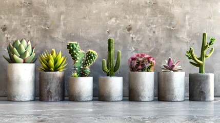 Collection of Succulent Plants in Concrete Pots Lined Up. Simplistic Home Decor on a Rustic Background. Nature Indoors Concept. Modern and Stylish Interior Element. AI