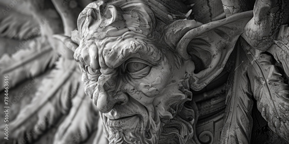 Poster a close up of a statue of a demon. ideal for halloween themed projects