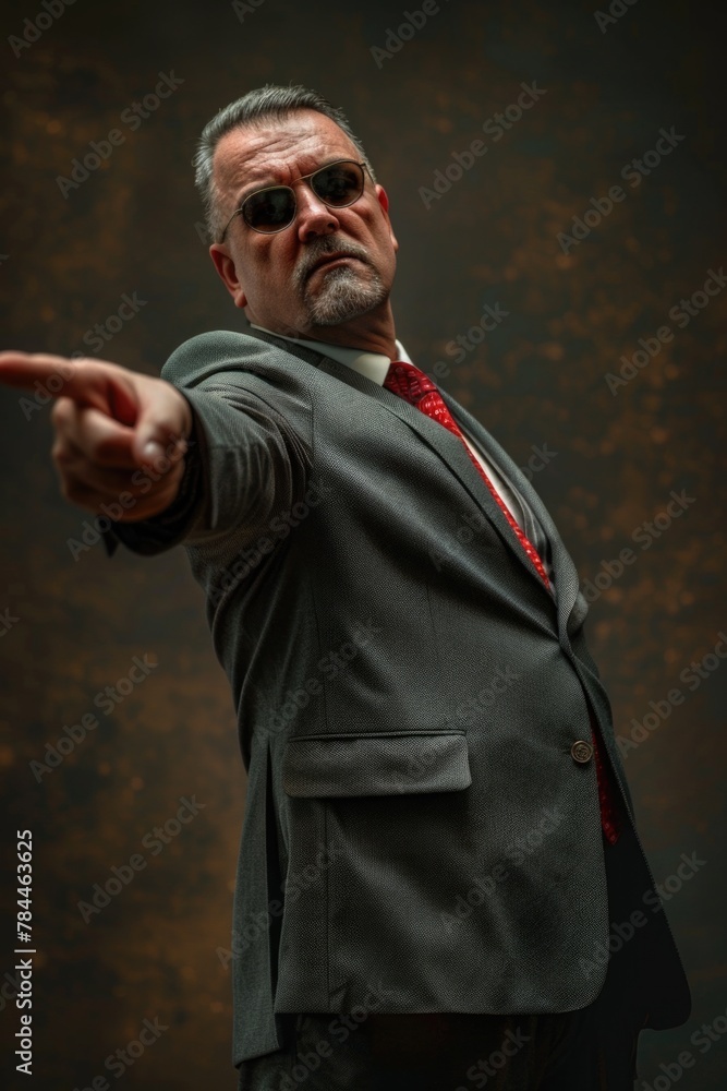 Poster a man in a suit pointing at something. useful for business presentations