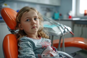 A young girl sits relaxed in a dentist's chair with a contemplative look, suggesting a brave or calm demeanor