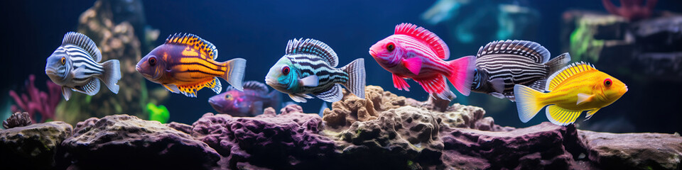 Symphony of color: a school of vibrant fish in underwater paradise. A mesmerizing sight unfolds as a variety of colorful fish glide gracefully through the depths of their aquarium home - obrazy, fototapety, plakaty