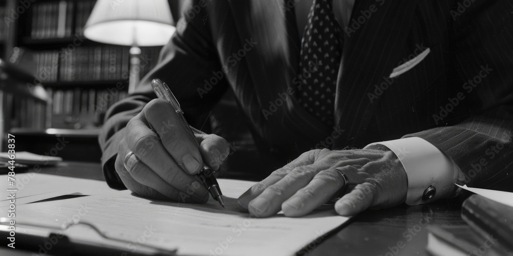 Poster a man in a suit signing a document. suitable for business and legal concepts