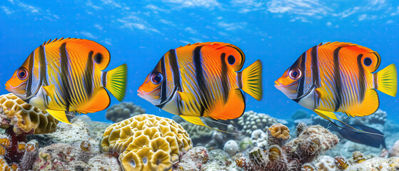 Fototapeta na wymiar Dancing fish: a colorful exploration of life on the coral reef. A vibrant group of fish swims gracefully over a bustling coral reef, showcasing the diverse marine life found beneath the oceans surface