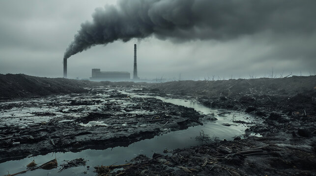 The industrial chimney in the distant view is filled with thick smoke, while the floor is covered in sewage and plastic garbage in the close view.and the sky is gloomy