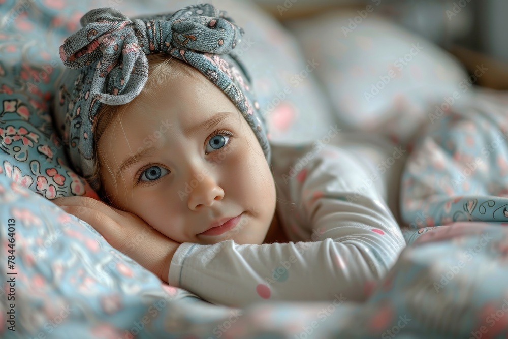 Poster a soft, cozy image focused on a colorful fabric scrunchie resting on comfortable bedding with gentle