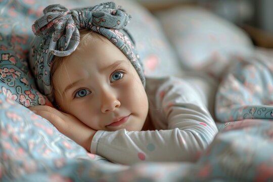 A soft, cozy image focused on a colorful fabric scrunchie resting on comfortable bedding with gentle lighting