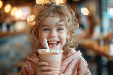 A gleeful child with bright blue eyes enjoys a chocolate milkshake, showing pure delight and a carefree moment
