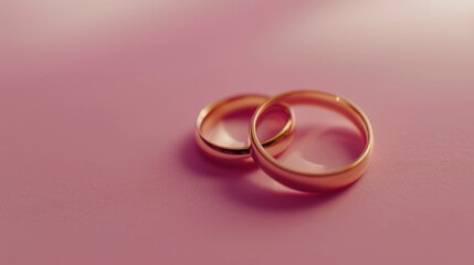 Two elegant gold wedding rings displayed on a soft pink background. Perfect for wedding and romance concepts