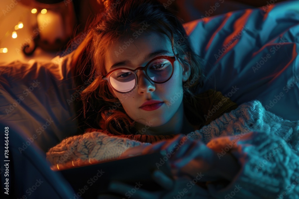 Poster a woman laying in bed using a laptop computer. suitable for technology and lifestyle concepts