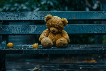 Depicting a teddy bear seated on a wet bench in the rainfall, the image suggests yearning and reflection - obrazy, fototapety, plakaty