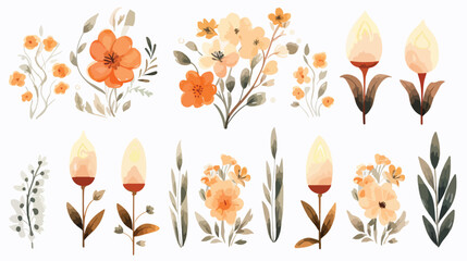 Neutral Candle Flowers Watercolor Clipart 2d flat cartoon