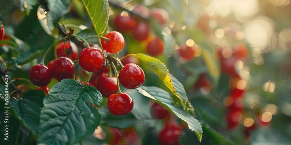 Poster a close up of a bunch of cherries on a tree. suitable for food and nature concepts