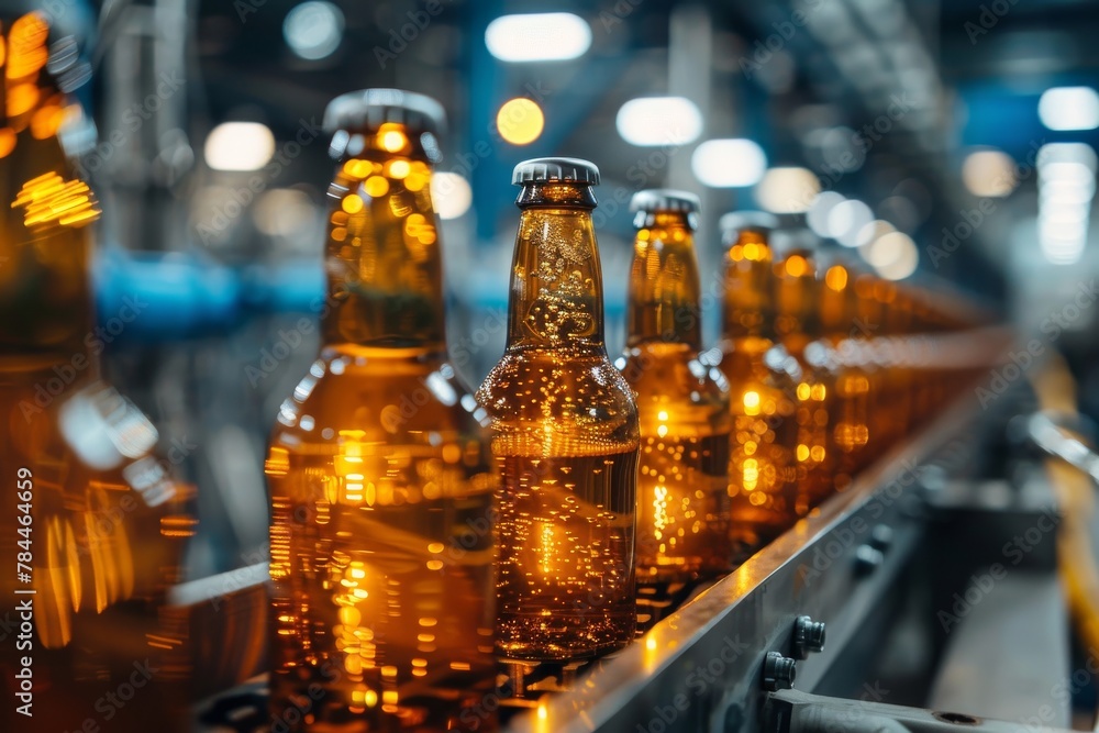 Poster this image showcases a conveyor belt in a brewery with golden beer bottles in sharp focus