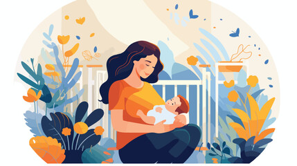 New mom holding and soothing baby. Crib toddler pla - obrazy, fototapety, plakaty