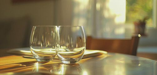 Two empty wine glasses sitting on a table. Suitable for restaurant or dining concepts