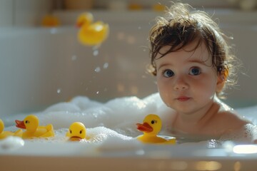 Cute baby in bathtub surrounded by rubber ducks. Perfect for baby product advertisements