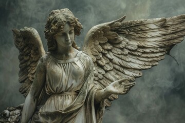 Fototapeta premium A beautiful angel statue holding a delicate flower. Perfect for religious or memorial designs