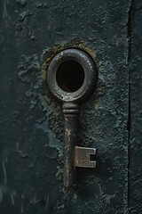 An old key is stuck in a door. Useful for locksmith services