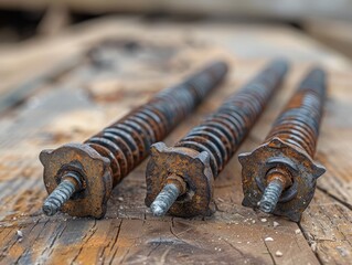 Closeup View of Weathered and Rusty Drywall Screws on Old Wooden Workbench