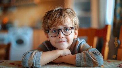 A young boy wearing glasses sitting at a table. Suitable for educational and lifestyle concepts
