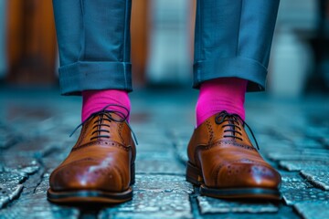 The image captures polished brown dress shoes complemented by eye-catching pink socks on a textured ground
