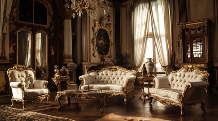 Interior design of a living room in an aristocratic baroque style in a luxury home.