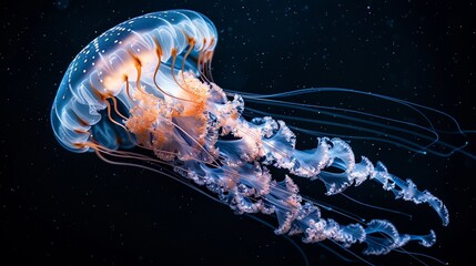 A captivating illustration captures the elegant movements of a jellyfish, highlighting its unique anatomy and graceful swimming style, high resolution DSLR