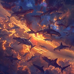 A fantastical vision of flying hammerhead sharks gliding through the heavens, their distinctive silhouettes unmistakable against the sky, 8K - obrazy, fototapety, plakaty