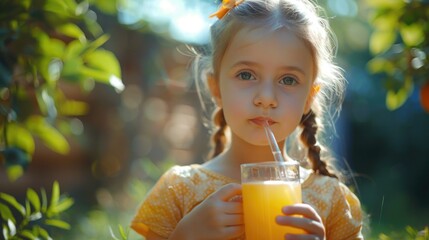 A little girl holding a glass of orange juice, perfect for food and beverage concepts
