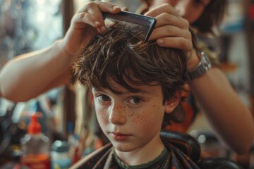 Fototapeta premium A young boy getting his hair cut by a woman. Ideal for barbershop or salon promotions