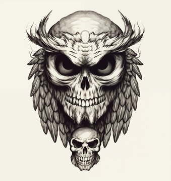 Black-eyed graphic image of human skull in owl style on white background. For tattoo decoration