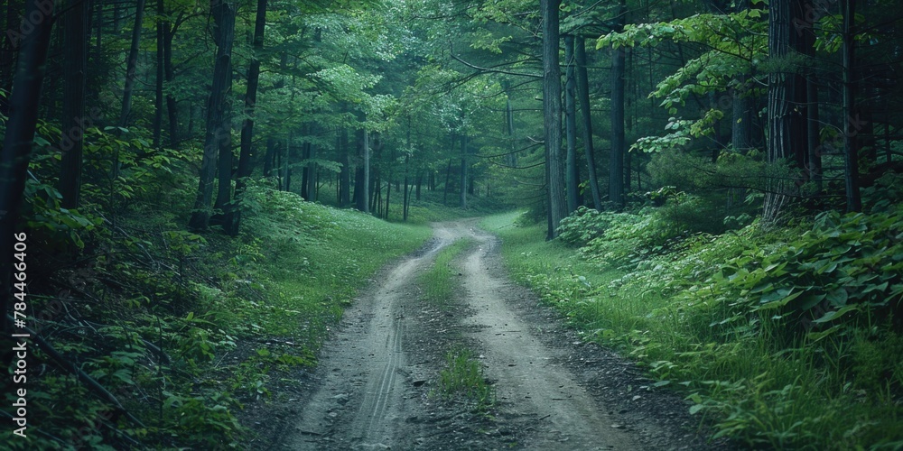 Poster a scenic view of a dirt road in a dense forest. suitable for nature and travel concepts