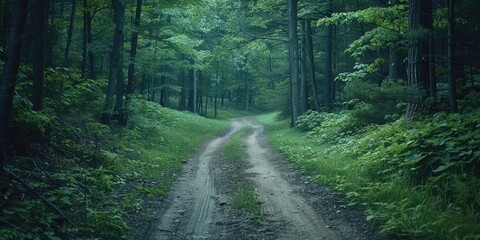 Obraz premium A scenic view of a dirt road in a dense forest. Suitable for nature and travel concepts
