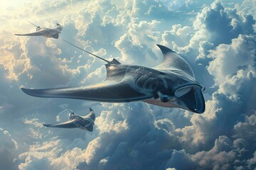A surreal depiction of flying manta rays gliding effortlessly through the clouds, their wings spanning wide, film stock