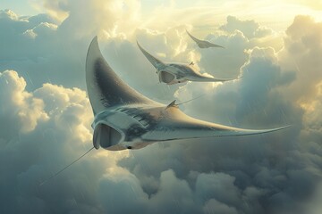 A surreal depiction of flying manta rays gliding effortlessly through the clouds, their wings spanning wide, film stock