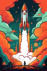illustration concept of Bitcoin or crypto currency set to rise with a rocket flying with bitcoin icon and chart in flat style