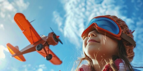 Young girl in goggles looking up at passing airplane. Suitable for travel and aviation concepts