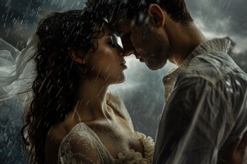 Romantic scene of a couple kissing in the rain, suitable for love themes