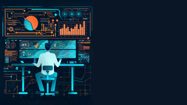 Vector-like illustration of a man sitting in front of a wall of monitors working with Artificial Intelligence database system and abstract cloud network data analysis. Copy space, 16:9.